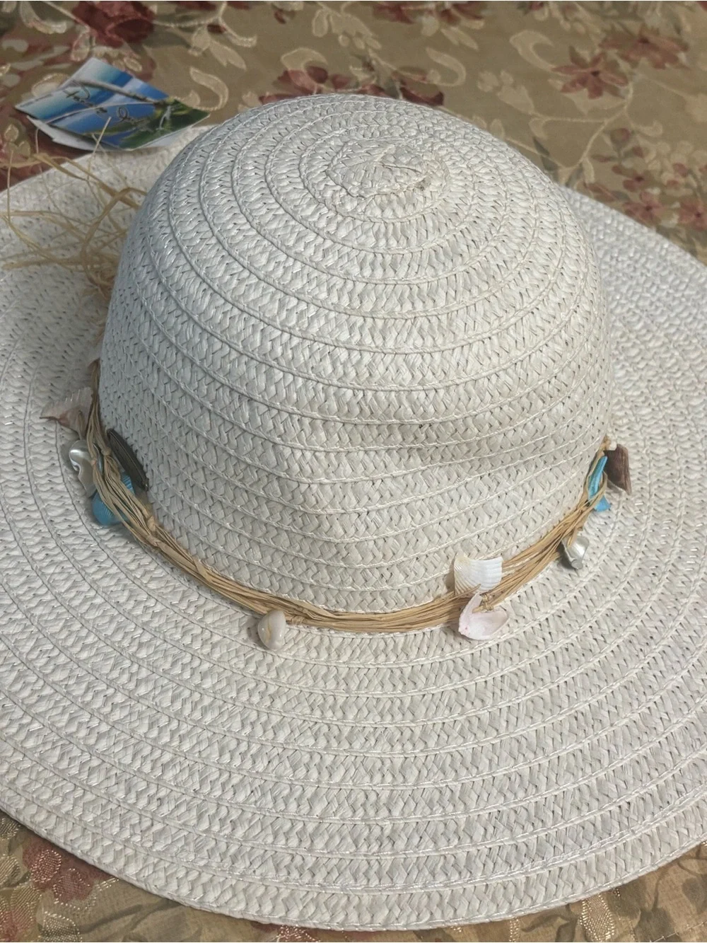 Panama Jack White Straw Sun Hat with Shell Accent